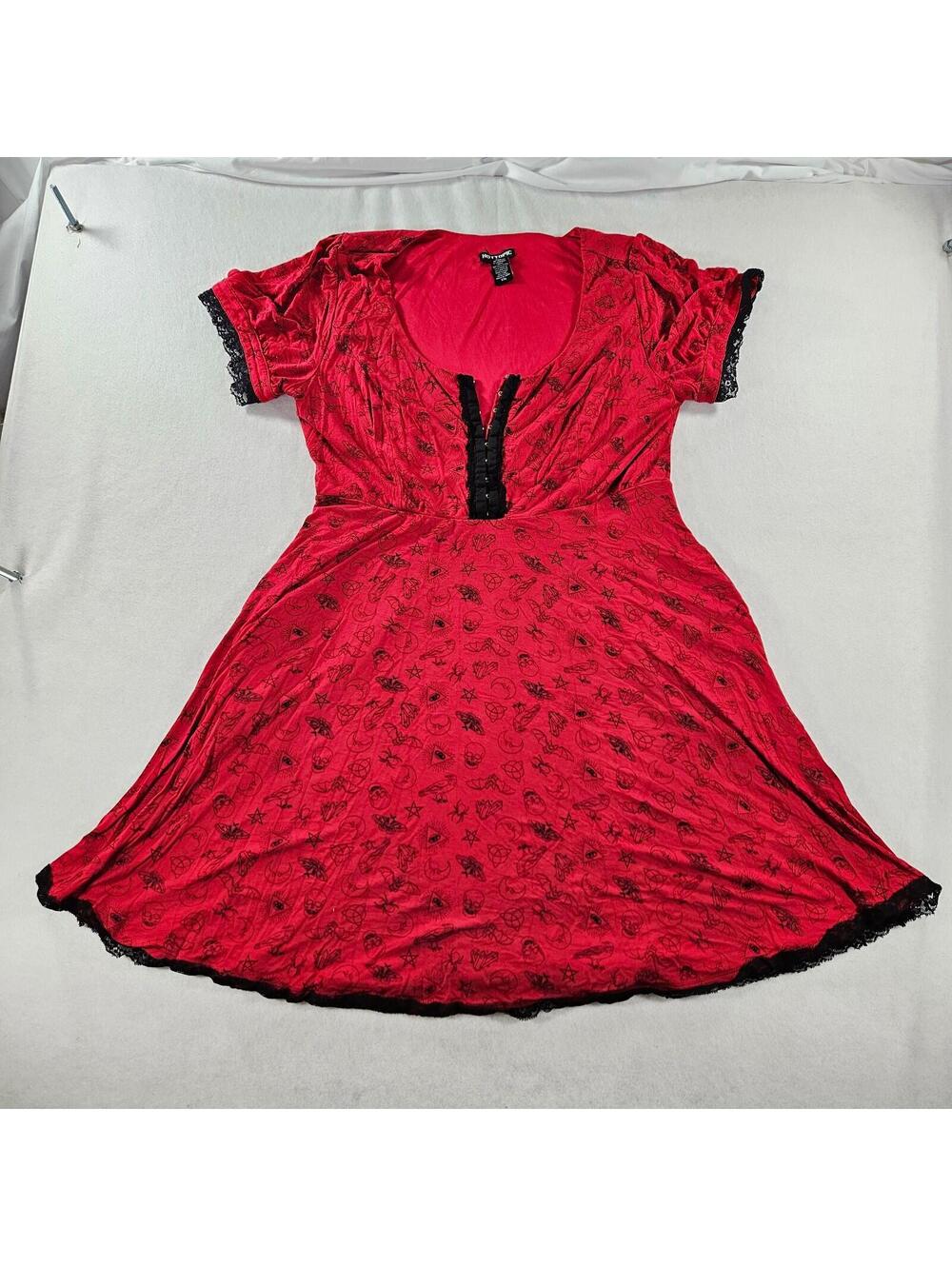 Hot Topic Red Alchemy Print Dress Black Lace Trim Occult Goth Womens XXL 2XL